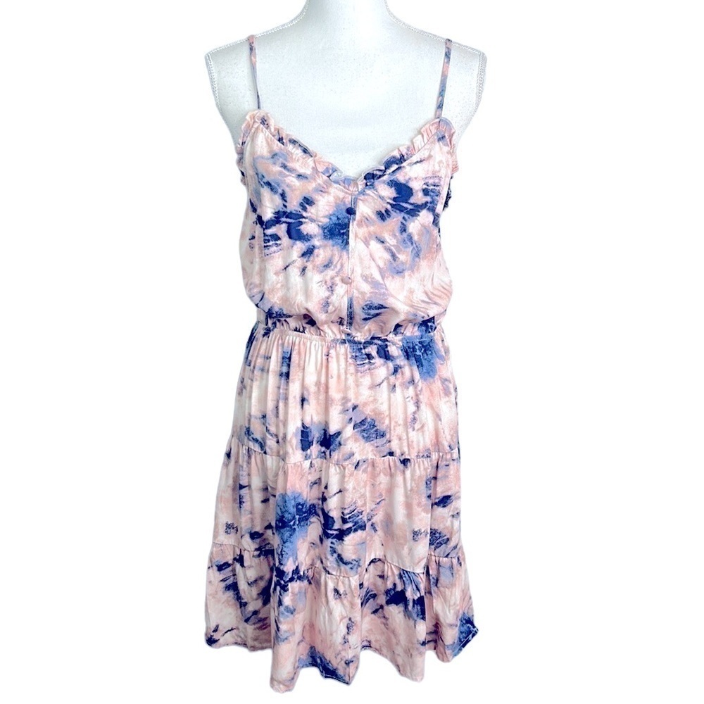 Mimi Chica Pink & Blue Tie Dye Summer Ruffle Dress‎ Size Large
